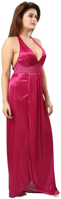 Soku Shopee Women's Satin Embroidered Maxi Night Gown Free Size Pink-thumb1