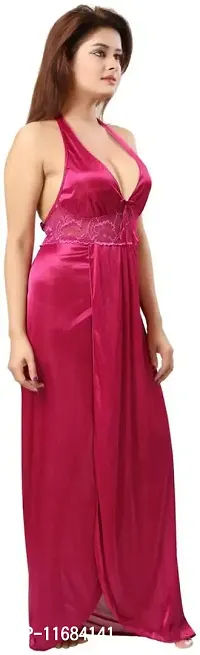 Soku Shopee Women's Satin Embroidered Maxi Night Gown Free Size Pink-thumb2