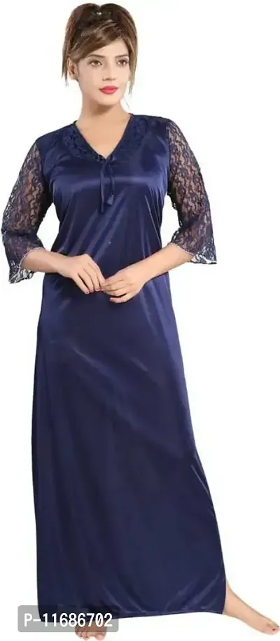 Soku Shopee Women's Satin Embroidered Maxi Night Gown Free Size Blue-thumb0