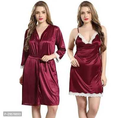 Womens 2 Pcs Satin Comfortable Attractive Loungewear Night Dress with Robe-thumb0