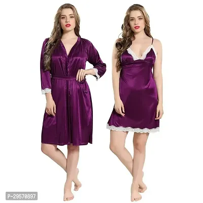 Womens 2 Pcs Satin Comfortable Attractive Loungewear Night Dress with Robe-thumb0