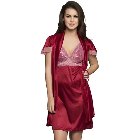 Stylish Satin Solid Short Nightdress for Women