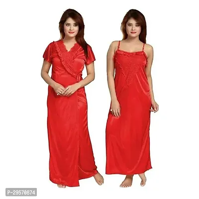 Stylish Satin Lace Work Nightdress with Robe for Women-thumb0