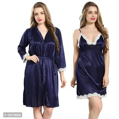 Womens 2 Pcs Satin Comfortable Attractive Loungewear Night Dress with Robe-thumb0