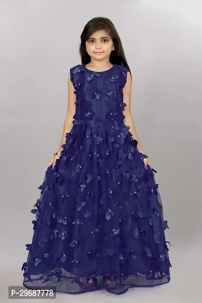 Stylish Navy Blue Net Ethnic Gowns Dress For Girls