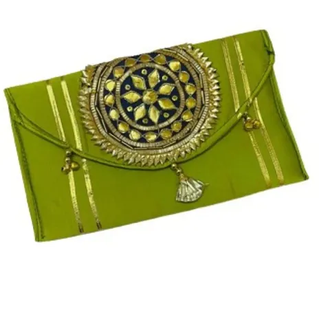 Tvayaa Art Embroidered Gotta Patti Purse Clutch Bag Party Wedding Return Gift Potli Pouches Jaipuri For Women Girls (Light Green)