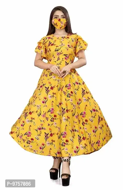 SV Enterprise Women Floral Print Round Neck Maxi Dress(Yellow) S