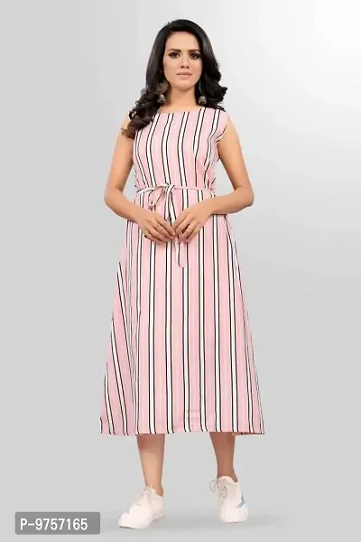 Sv Enterprise Women's Regular Striped A-Line Dress(Pink) L