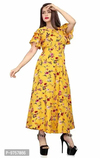 SV Enterprise Women Floral Print Round Neck Maxi Dress(Yellow) S-thumb4