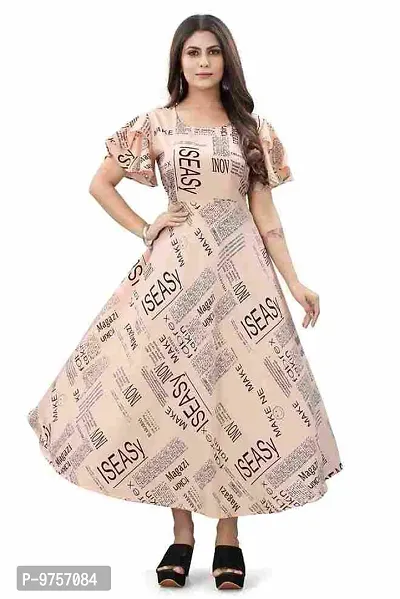 SV Enterprise Women Printed Bell Sleeves Maxi Dress(Beige) M