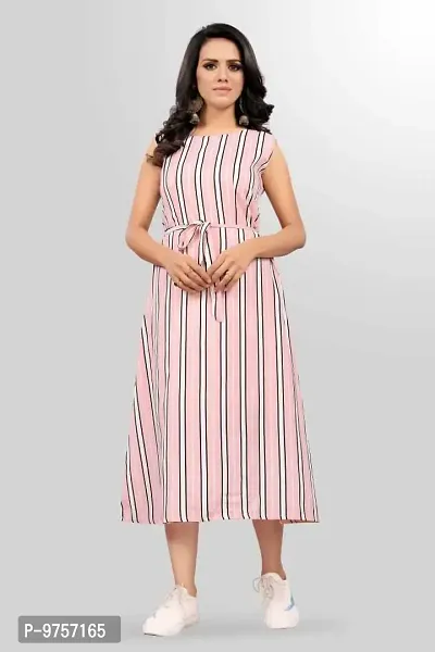 Sv Enterprise Women's Regular Striped A-Line Dress(Pink) L-thumb2