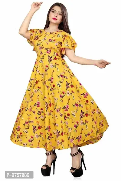 SV Enterprise Women Floral Print Round Neck Maxi Dress(Yellow) S-thumb5