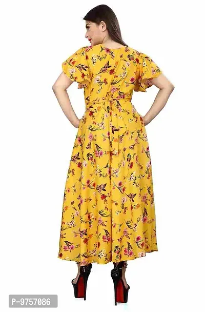 SV Enterprise Women Floral Print Round Neck Maxi Dress(Yellow) S-thumb3