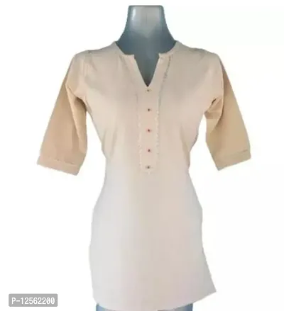 Stylish Cream Solid Cotton Kurta For Women-thumb0