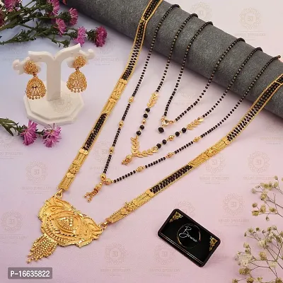 Stylish Fancy Traditional Brass Antiqique Zircon 4 Mangalsutras With 1 Pair Earrings For Women-thumb0