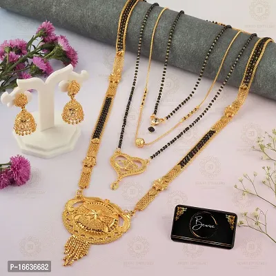 Stylish Fancy Traditional Brass Antiqique Zircon 4 Mangalsutras With 1 Pair Earrings For Women