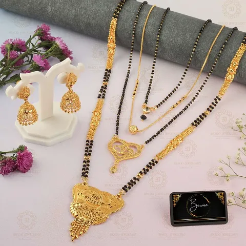 Stylish Fancy Traditional Brass Antiqique Zircon 4 Mangalsutras With 1 Pair Earrings For Women