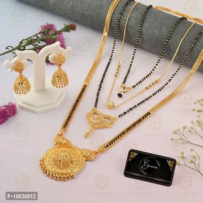 Stylish Fancy Traditional Brass Antiqique Zircon 4 Mangalsutras With 1 Pair Earrings For Women-thumb0