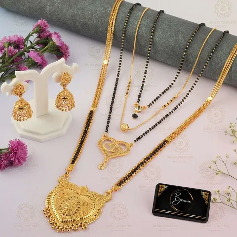 Stylish Fancy Traditional Brass Antiqique Zircon 4 Mangalsutras With 1 Pair Earrings For Women