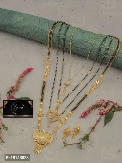 Bewise Combo of 4Traditional Gold Plated 30 Inch and 18 Inch Daily Wear Mangalsutra Tanmaniya with 1 pair of Earrings for Women and Girls-thumb0