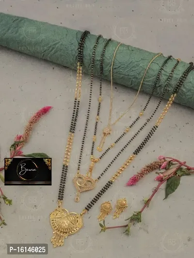 Bewise Combo of 4Traditional Gold Plated 30 Inch and 18 Inch Daily Wear Mangalsutra Tanmaniya with 1 pair of Earrings for Women and Girls