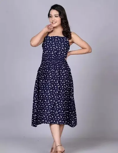 Stylish Navy Blue Rayon Midi Length Dress For Women