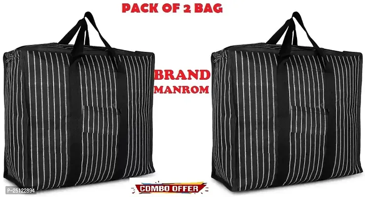 BRAND-MANROM, Multipurpose Extra Large Big Heavy Duty Storage Organizer Reusable Canvas Shopper Bag with Strong Handles and Base with Covers Zip (Pack of 2, BLACK)