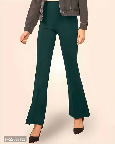 Elegant Green Cotton Blend Solid Trousers For Women