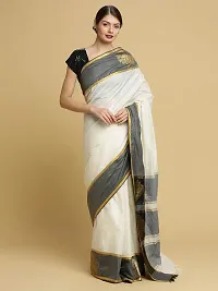 Manvish Drapes Women's Zari Woven Kerala Kasavu Pure Cotton Saree with Black Jacquard Border (TSB-4-1-VARIATIONS, Off White-Black Border-Plain Body)-thumb1