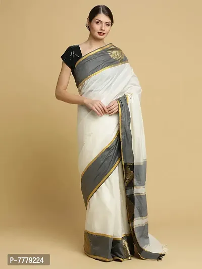 Manvish Drapes Women's Zari Woven Kerala Kasavu Pure Cotton Saree with Black Jacquard Border (TSB-4-1-VARIATIONS, Off White-Black Border-Plain Body)-thumb2