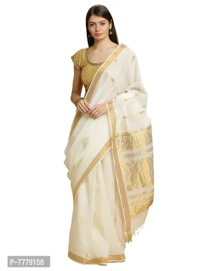 Women's Cotton Manvish Drapes Woven Pallu Design Kerala Kasavu Pure Cotton Saree (Off White)-thumb0