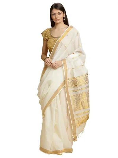 Women's Manvish Drapes Woven Pallu Design Kerala Kasavu Pure Saree (Off White)