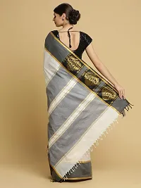 Manvish Drapes Women's Zari Woven Kerala Kasavu Pure Cotton Saree with Black Jacquard Border (TSB-4-1-VARIATIONS, Off White-Black Border-Plain Body)-thumb3