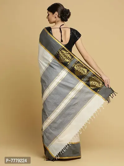 Manvish Drapes Women's Zari Woven Kerala Kasavu Pure Cotton Saree with Black Jacquard Border (TSB-4-1-VARIATIONS, Off White-Black Border-Plain Body)-thumb4