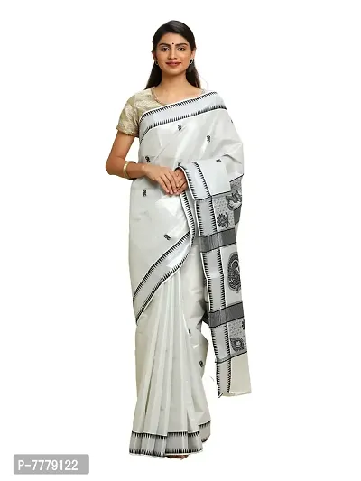 Manvish Drapes Pure Cotton Woven Kerala Kasavu Tissue Saree with Temple Border and Rich Jecord Pallu (MANGO PALLU)-thumb0