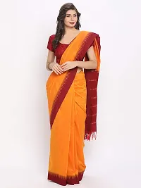 Women's Gadval Silk Cotton Plain Temple Border Saree with Blouse Piece (Mango-Maroon Border)-thumb1