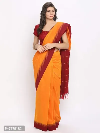 Women's Gadval Silk Cotton Plain Temple Border Saree with Blouse Piece (Mango-Maroon Border)-thumb2