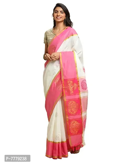 manvish drapes Women's Kasavu Cotton Saree With Blouse Piece (TSB-4-2-GPOW_Off, White)