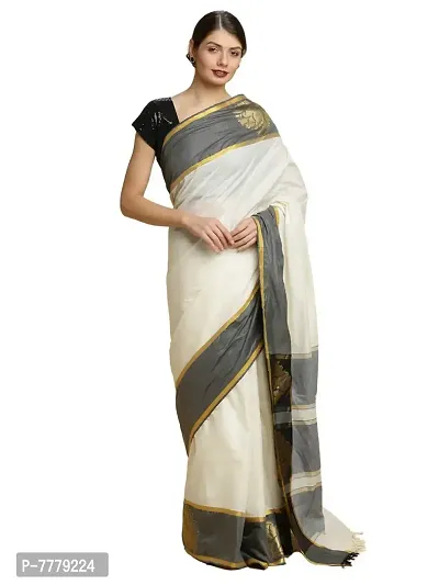 Manvish Drapes Women's Zari Woven Kerala Kasavu Pure Cotton Saree with Black Jacquard Border (TSB-4-1-VARIATIONS, Off White-Black Border-Plain Body)-thumb0