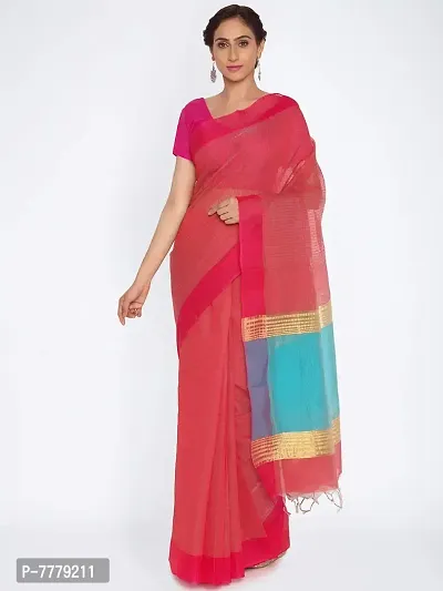 New Manvish Drapes Striped Chanderi Silk Cotton Sarees for all Occasions,Red color-thumb2