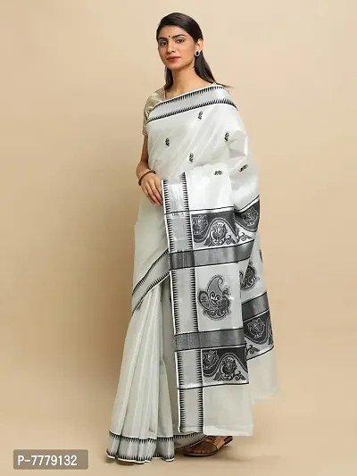 manvish drapes Women's Kasavu Cotton Saree With Blouse Piece (BT-11-1-OW_Silver)-thumb3