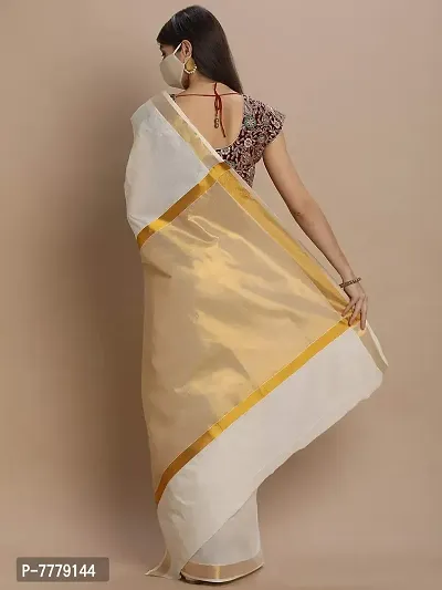 Women's Pure Cotton Body Plain Pallu Tissue Kerala Kasavu Saree with Blouse Piece (Off White-1)-thumb5