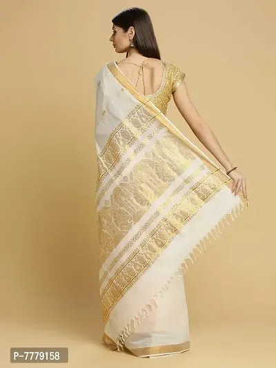 Women's Cotton Manvish Drapes Woven Pallu Design Kerala Kasavu Pure Cotton Saree (Off White)-thumb4