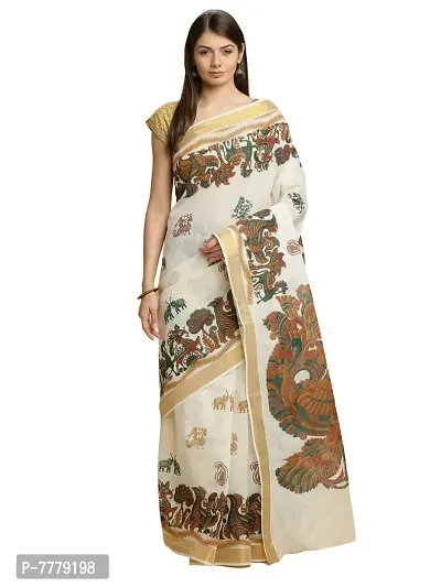 manvish drapes Women's Kasavu Cotton Saree With Blouse Piece (KMP-2-5-BGM_Green, Mustard)