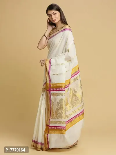 Women's Manvish Drapes Woven Temple Border Self Design Kasavu Pure Cotton Saree For All Occasions (Pink, Mustard)-thumb3