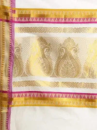 Women's Manvish Drapes Woven Temple Border Self Design Kasavu Pure Cotton Saree For All Occasions (Pink, Mustard)-thumb4