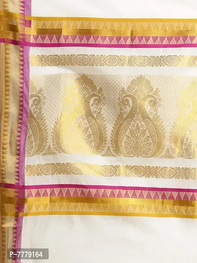 Women's Manvish Drapes Woven Temple Border Self Design Kasavu Pure Cotton Saree For All Occasions (Pink, Mustard)-thumb5