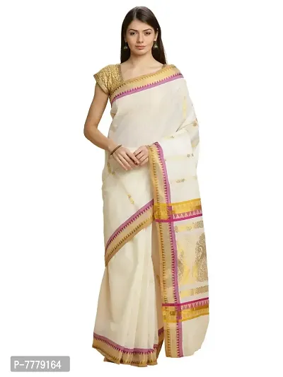 Women's Manvish Drapes Woven Temple Border Self Design Kasavu Pure Cotton Saree For All Occasions (Pink, Mustard)