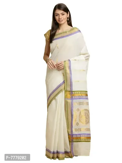 Manvish Drapes Women's Cotton Kasavu Woven, Temple Border, Self Design Kasavu Pure Cotton Saree (LAVENDER-GREEN)