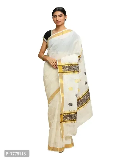 Manvish Drapes Pure Cotton Zari Woven Kerala Kasavu Saree with Zari Checked Body Butta Pallu (BLACK BUTTA)-thumb0